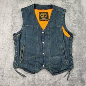 Milwaukee Performance Motorcycle Denim Vest Womens XL Blue Lace Sides Zip Pock